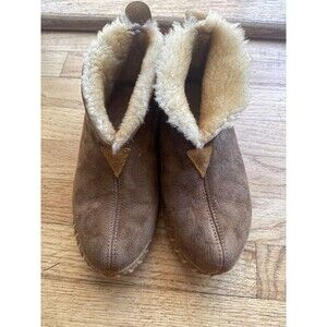 Vtg LL Bean WICKED GOOD Mocs Brown Suede Leather SHEARLING LODGE Chukka Slippers